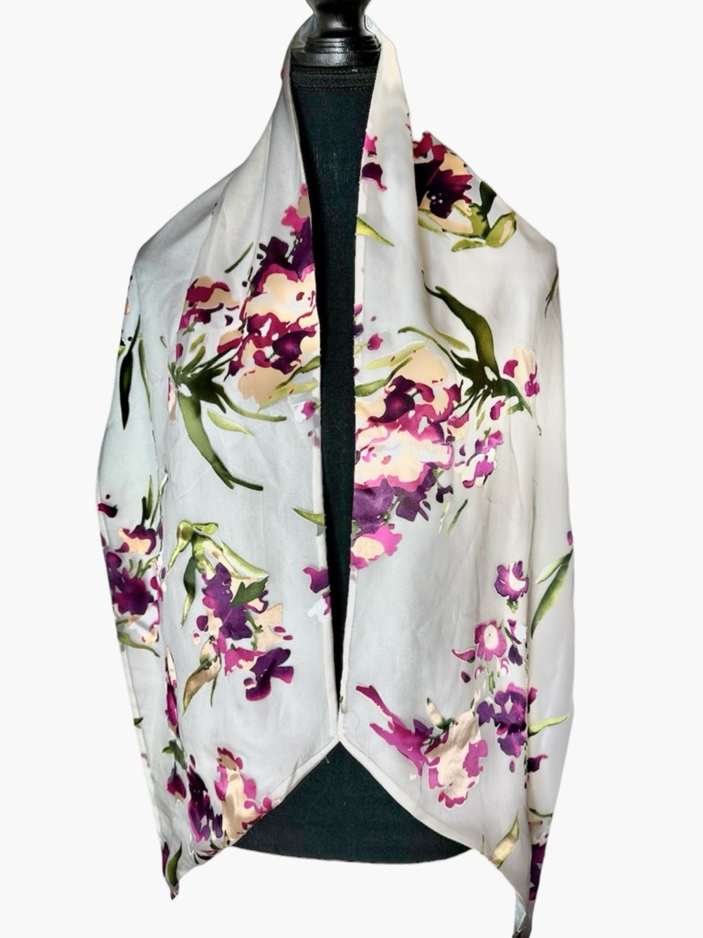 PRECIS PETITE White Purple Metallic Oblong Floral Silk Scarf Pointed Ends